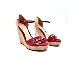 Gucci Horsebit Red Suede Espadrille Wedge Sandals EU 37